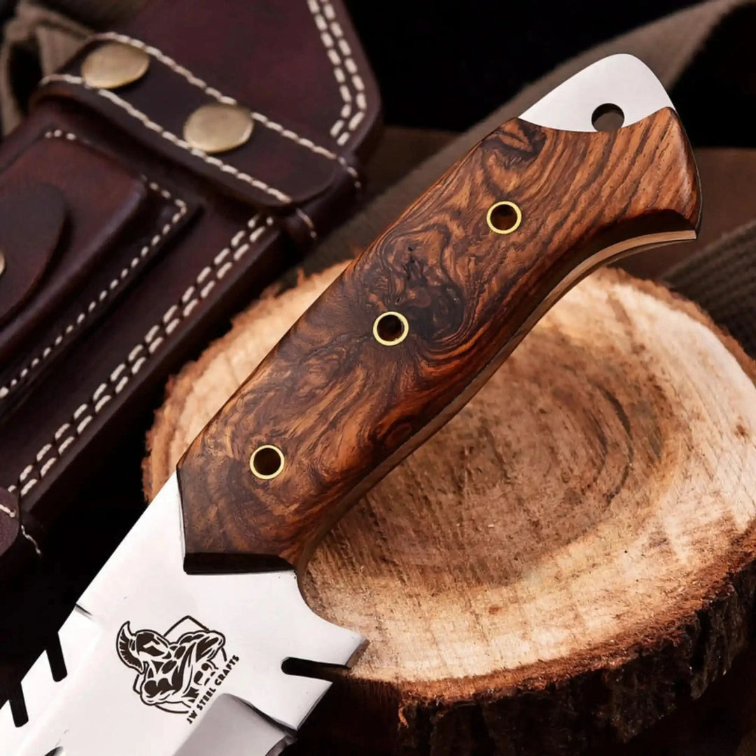 Burl wood handle tracker knife with brass pins and stainless blade, leather sheath