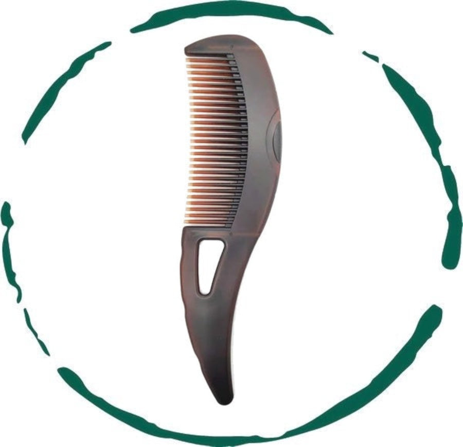Healthy scalp comb with dark brown handle and fine long metal teeth