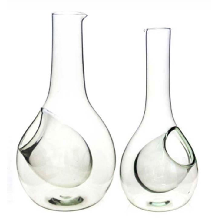 Glass wine cooler decanter pair with loop grips and bulb bases