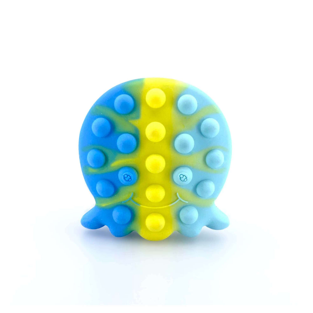 Silicone turtle-shaped fidget bath toy in blue and yellow with raised bubble dots
