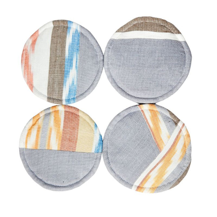 Circular woven coasters, round gray set with white, beige, blue, and orange stripe patterns