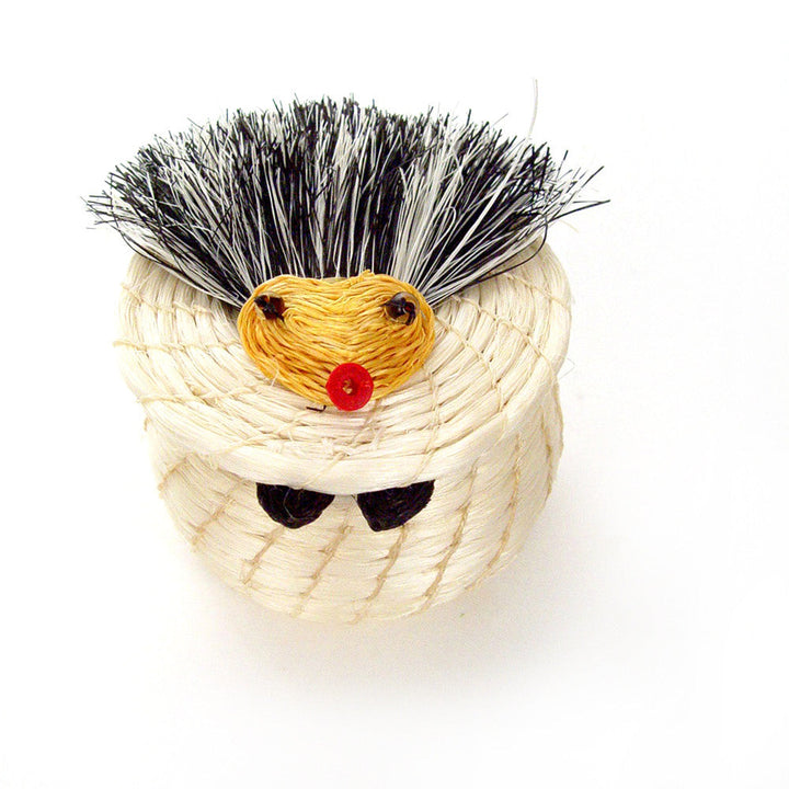 Hedgehog basket with straw weave, upright black bristles, yellow head, red nose, paws