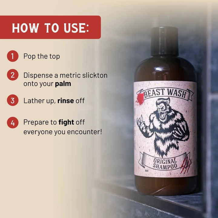 Original shampoo bottle with How to Use steps displayed beside the label