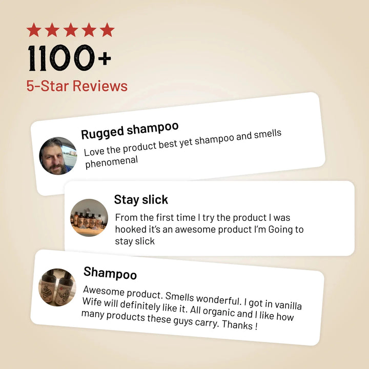 Customer review card for shampoo with 1100+ 5-star reviews callout