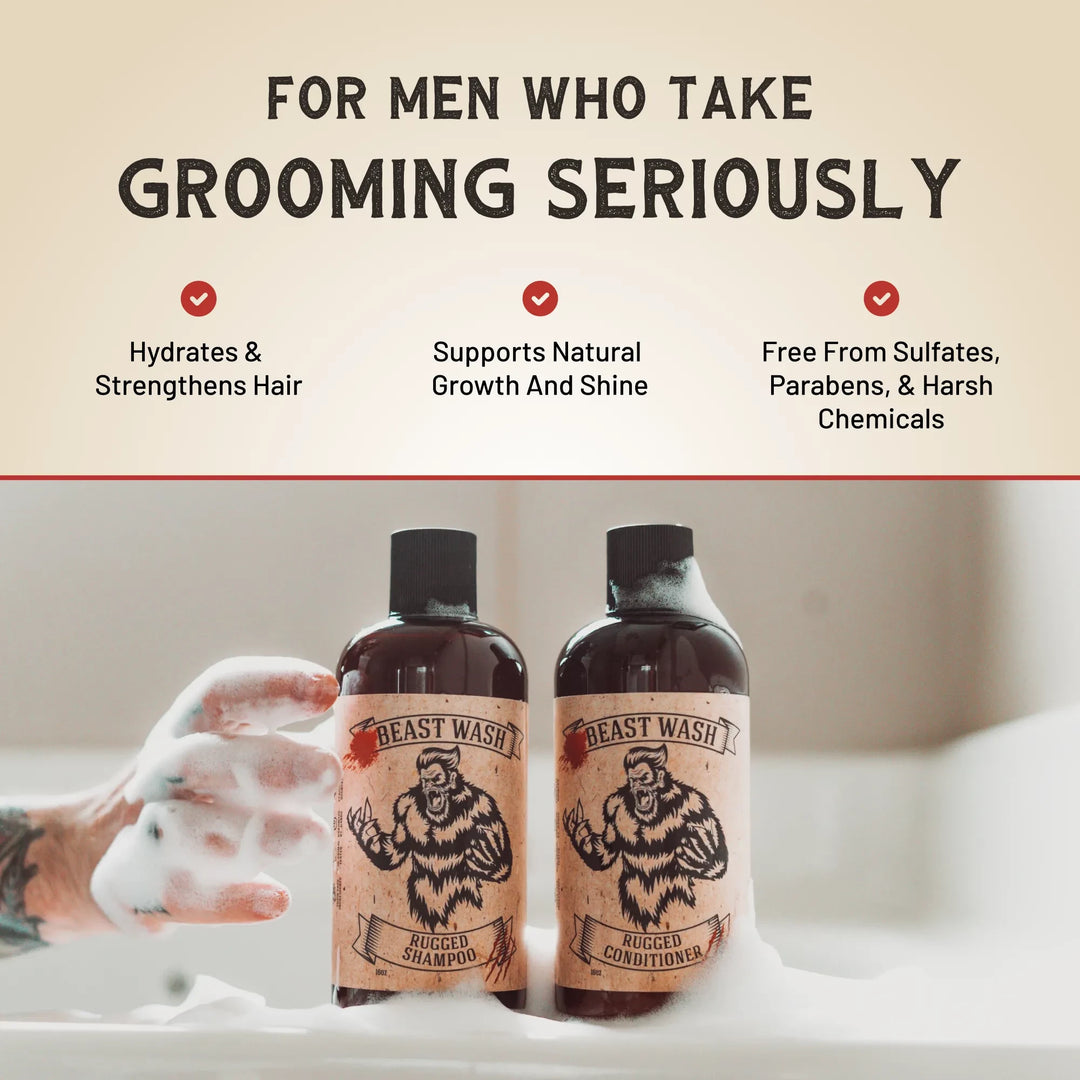 Two shampoo bottles with grooming benefits icons above and bear labels on front