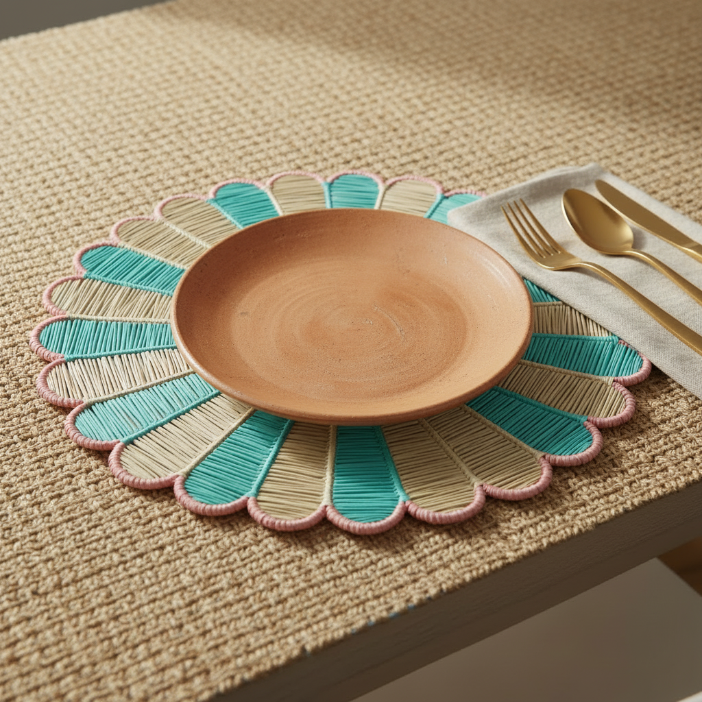 Aqua Blossom Handwoven Iraca Placemat