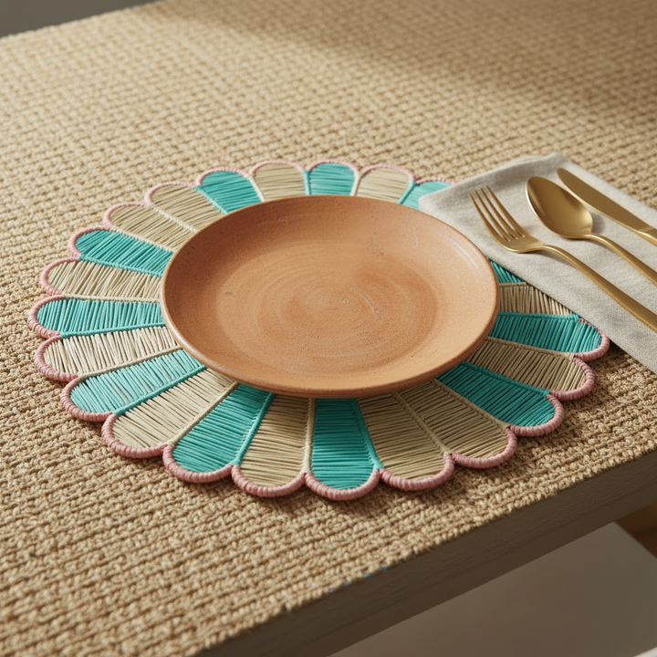Aqua Blossom Handwoven Iraca Placemat