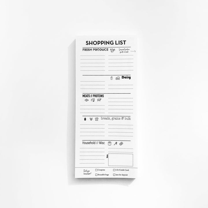 Shopping list notepad sheet with section headings and check lines