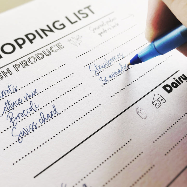 Close-up of shopping list with handwritten notes and Dairy section checkboxes