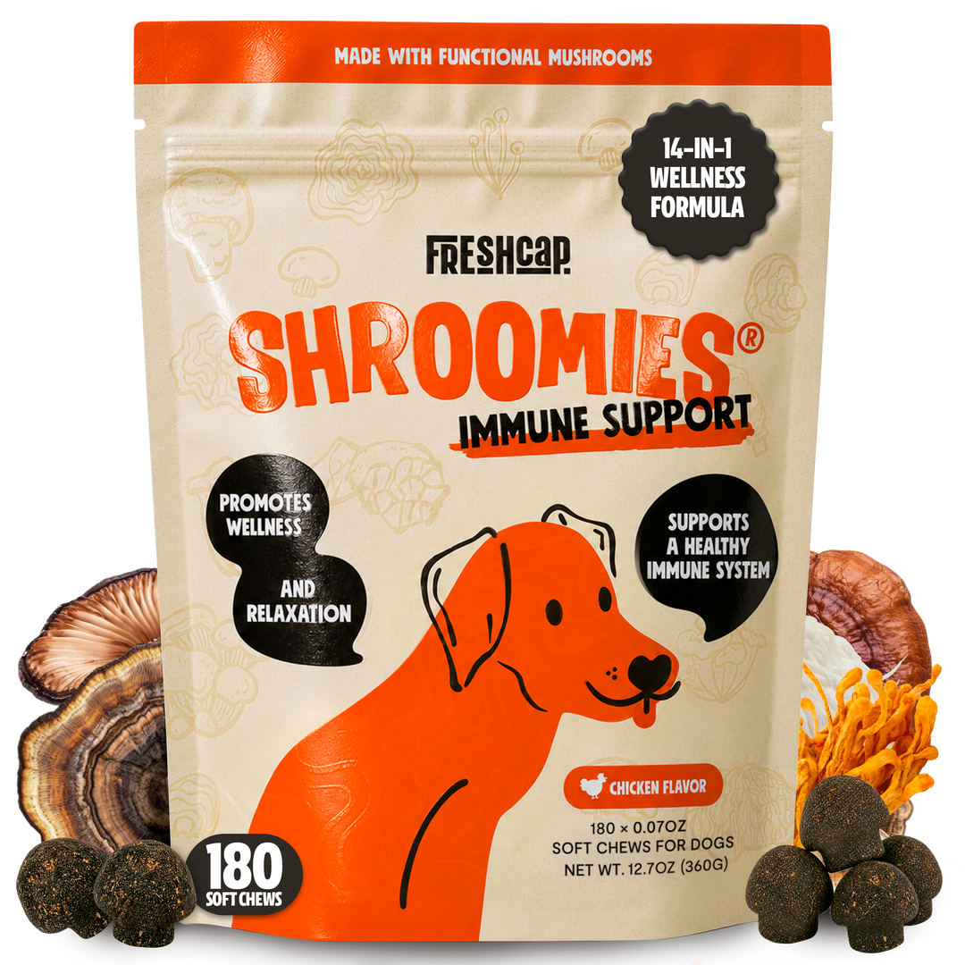 Freshcap Shroomies immunity support dog chew pouch with 180 soft chews and chicken flavor