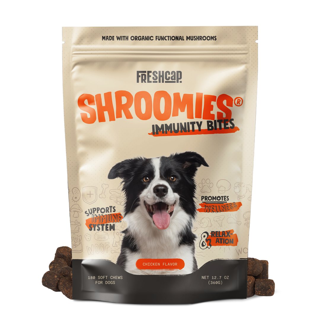 Freshcap SHROOMIES Immunity Bites pouch with black-and-white dog image
