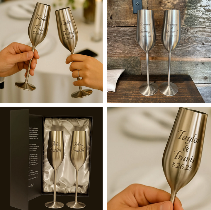 Silver Personalized Champagne Flutes Set of 2, 7.5 Ounces (221.80 ml)