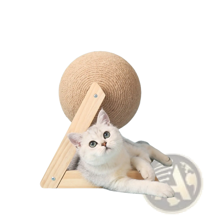 Sisal cat scratching ball with wooden triangle stand, white-and-gray cat playing