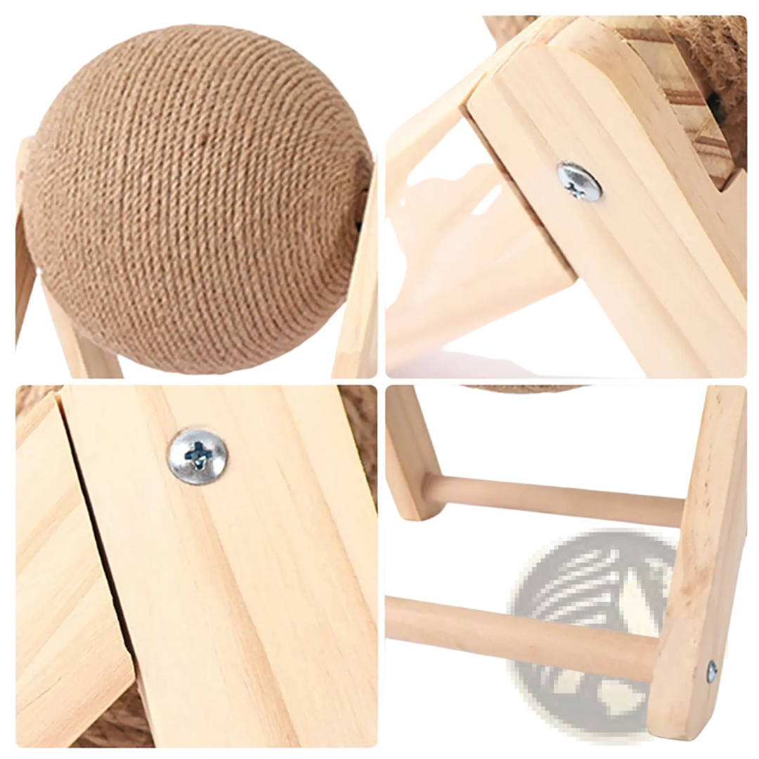 Wooden triangle stand details with screws for securing the sisal scratching ball