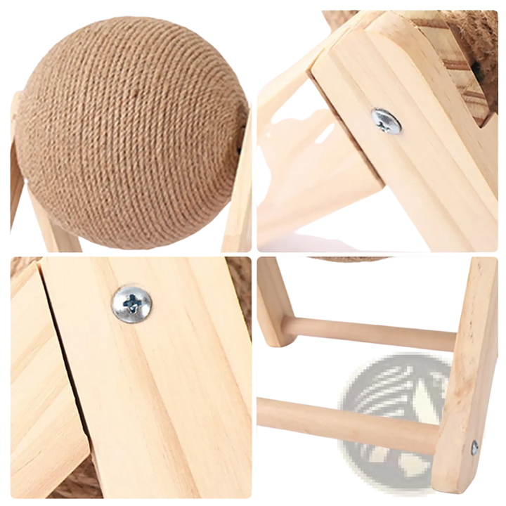 Wooden triangle stand details with screws for securing the sisal scratching ball