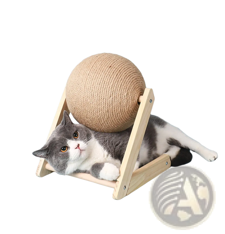 Sisal cat scratching ball with wooden triangle stand and gray tabby cat