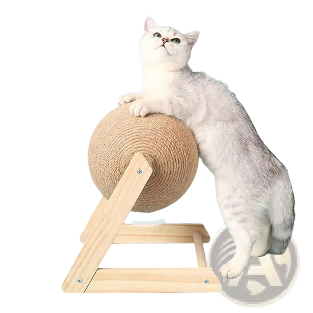 Sisal cat scratching ball with wooden triangle stand and standing cat