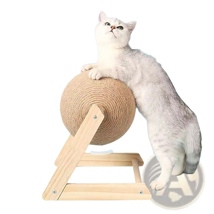 Sisal cat scratching ball with wooden triangle stand and standing cat
