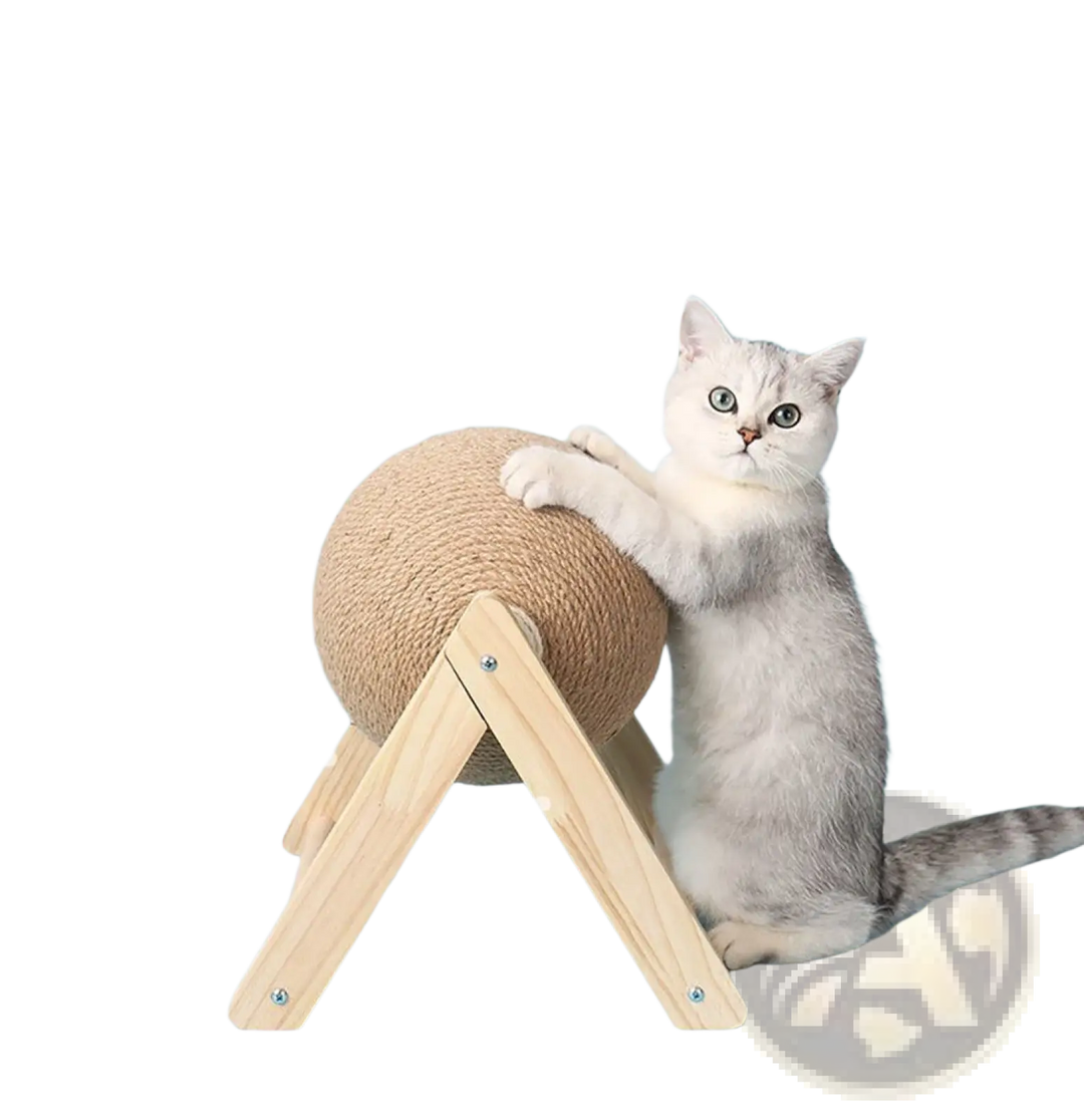 Sisal scratching ball on wooden triangle stand with gray-and-white cat