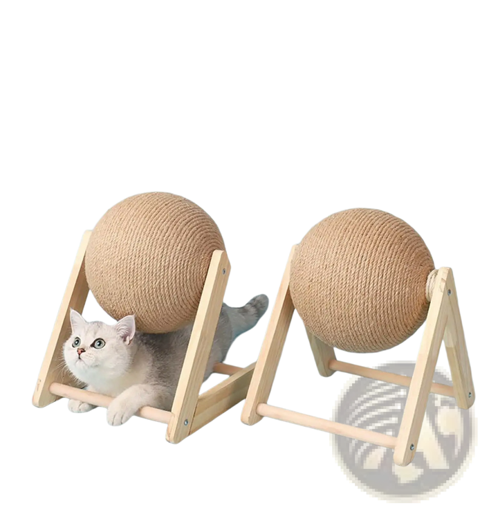 Two sisal scratching balls on wooden triangle stands with cat toy discs