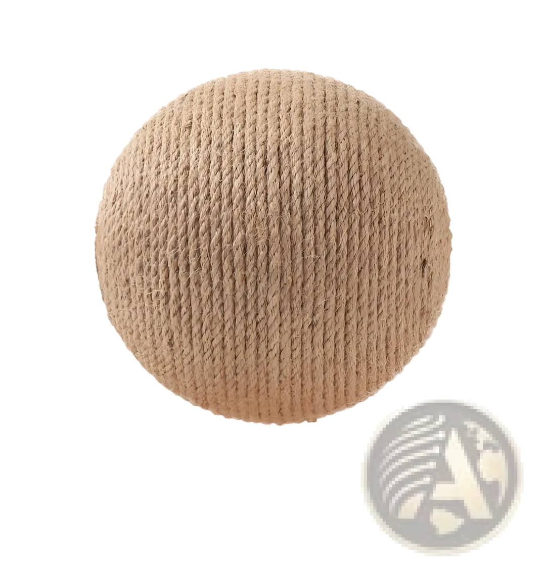 Round sisal scratching ball on wooden stand with cat toy disc