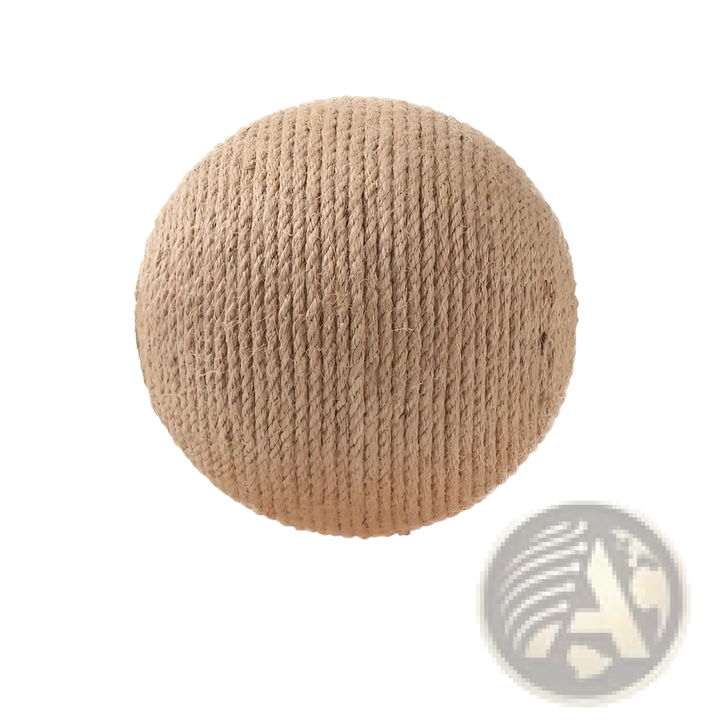 Round sisal scratching ball on wooden stand with cat toy disc underneath