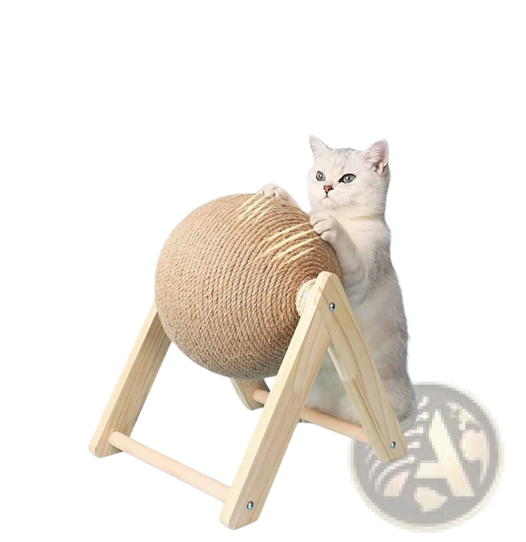 Sisal scratching ball on wooden triangle stand with round sisal surface