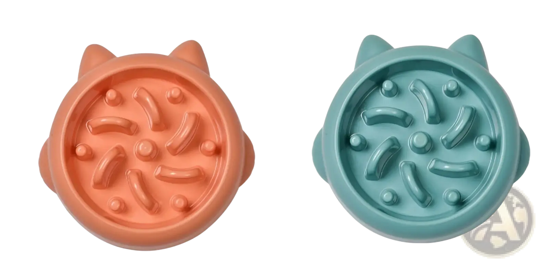 Teal and orange slow feeder silicone dog bowls with raised anti-gulp ridges
