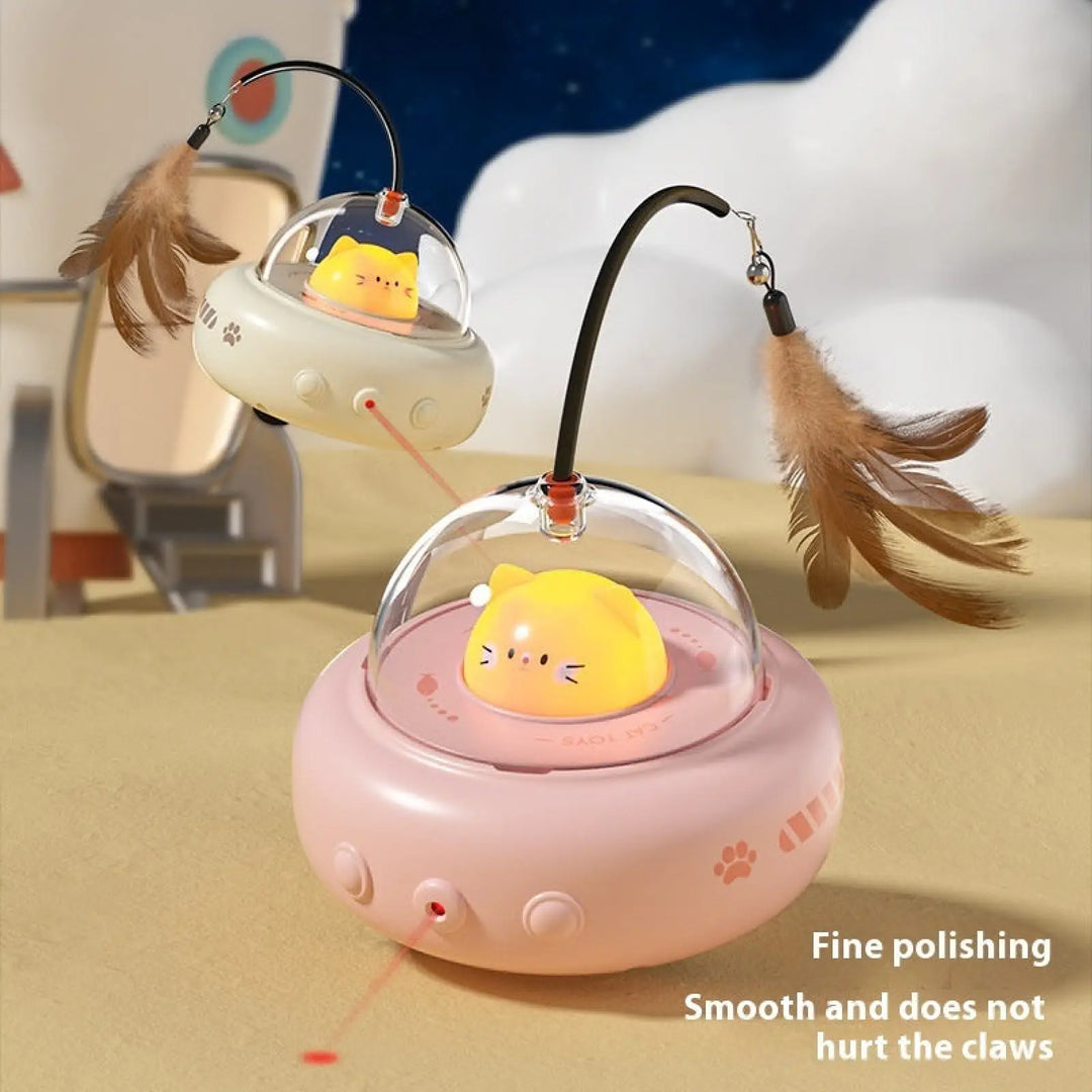 UFO cat toy with bell feather wand, white dome and pink base with cat-face light