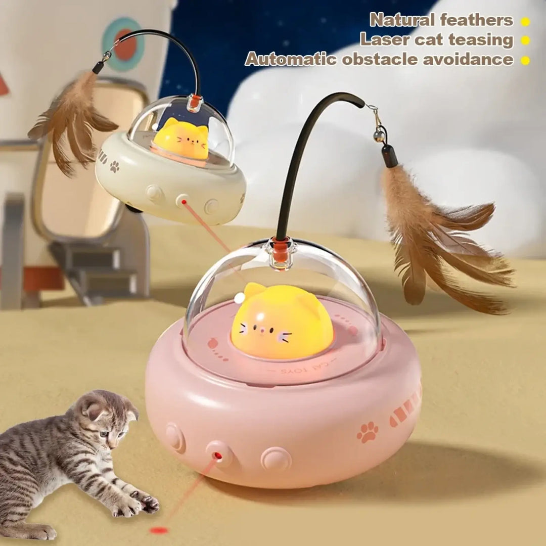 UFO cat toy with bell feather wand, white and pink domes with cat-face lights