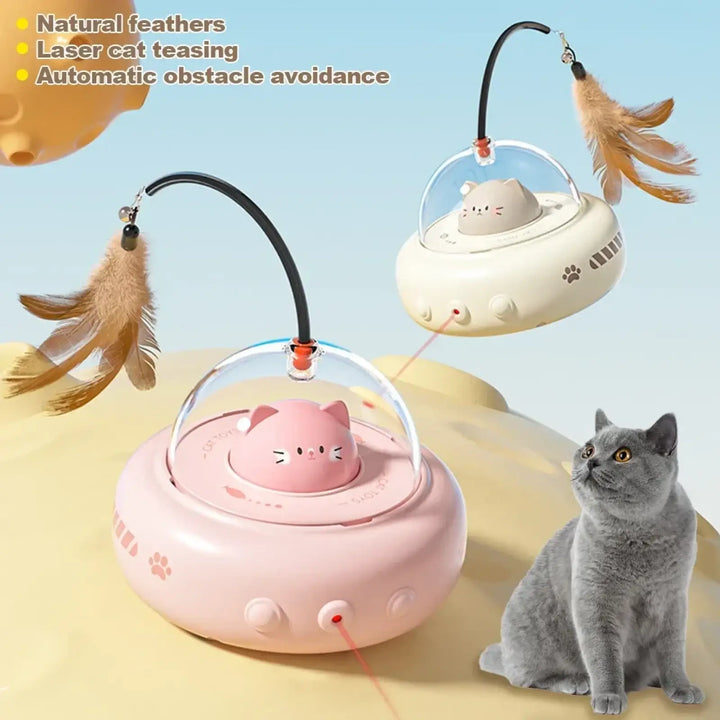 Pink UFO cat toy with bell feather wand and dome light, cute cat face graphic