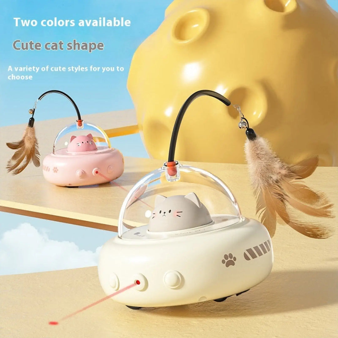 UFO cat toy with bell feather wand in pink and cream, cat-face dome light