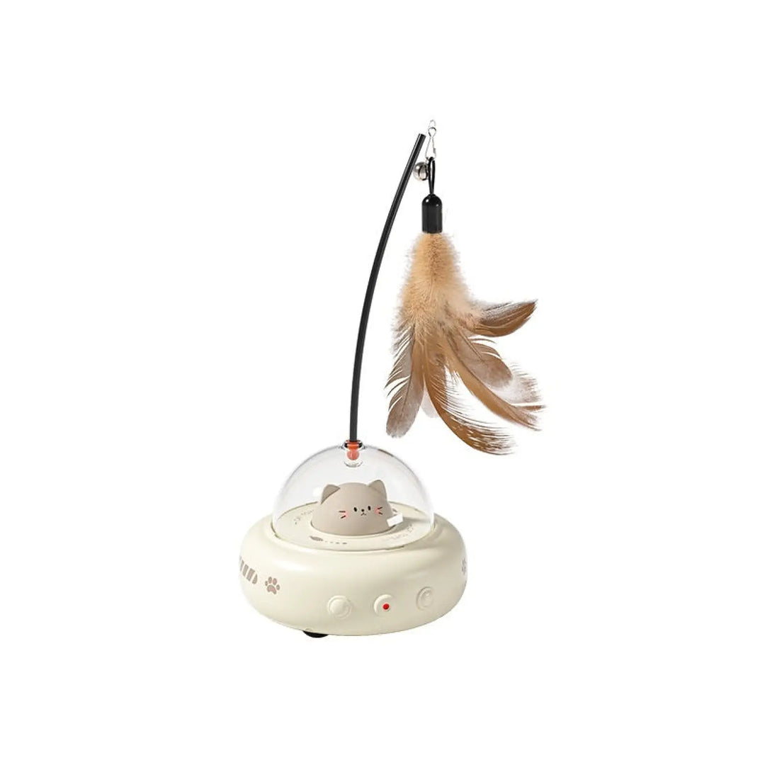 White UFO cat toy with bell feather wand and cat-face dome light