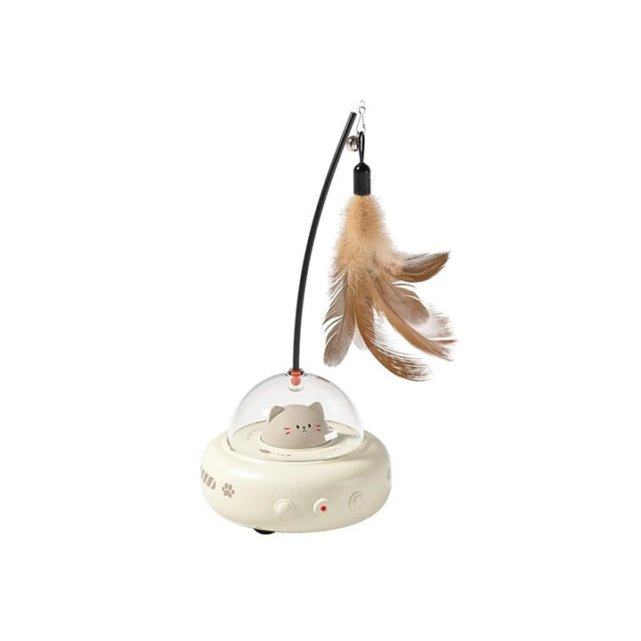White UFO cat toy with bell feather wand and cat-face dome light