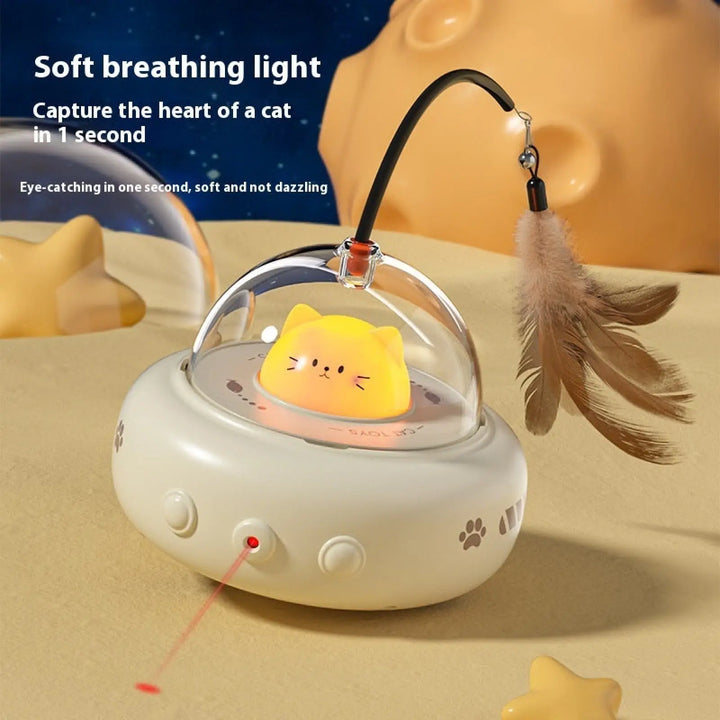 Cream UFO cat toy with bell feather wand and soft glow dome, cute cat-face