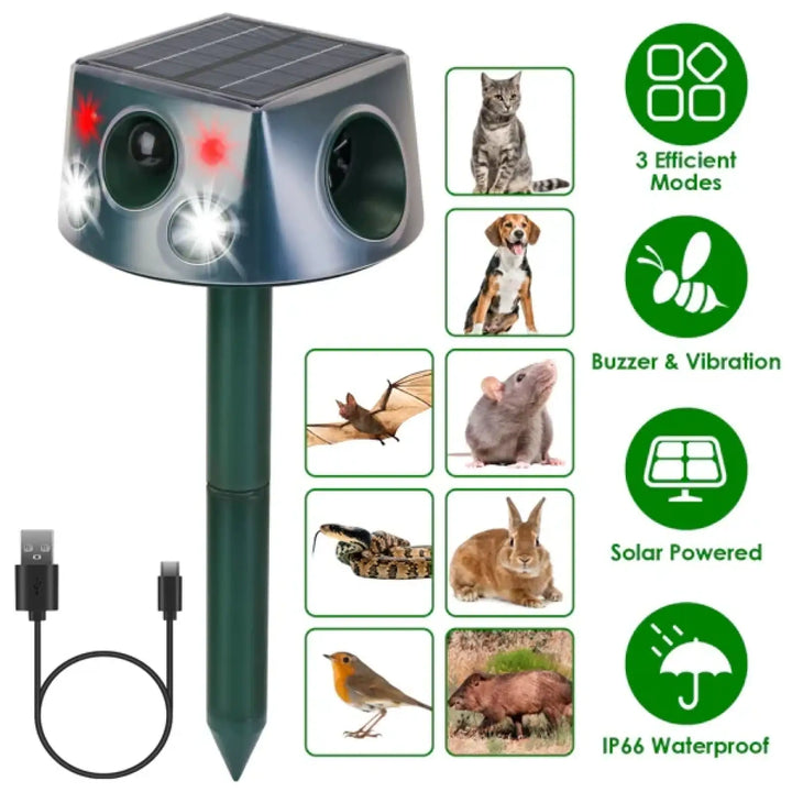 Solar ultrasonic animal repeller stake with solar panel top and connected power cables