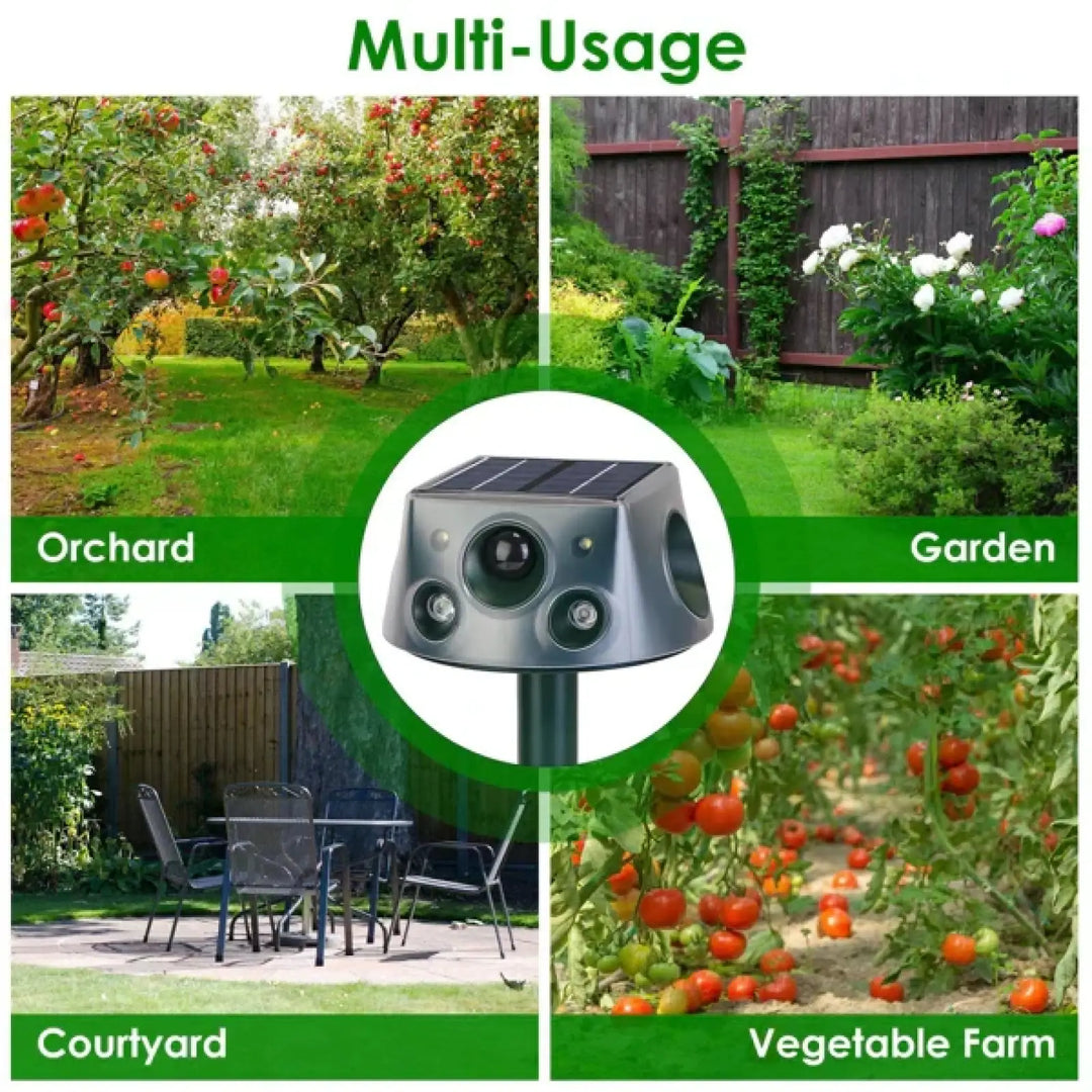 Solar ultrasonic repeller device with solar panel top shown for garden area use