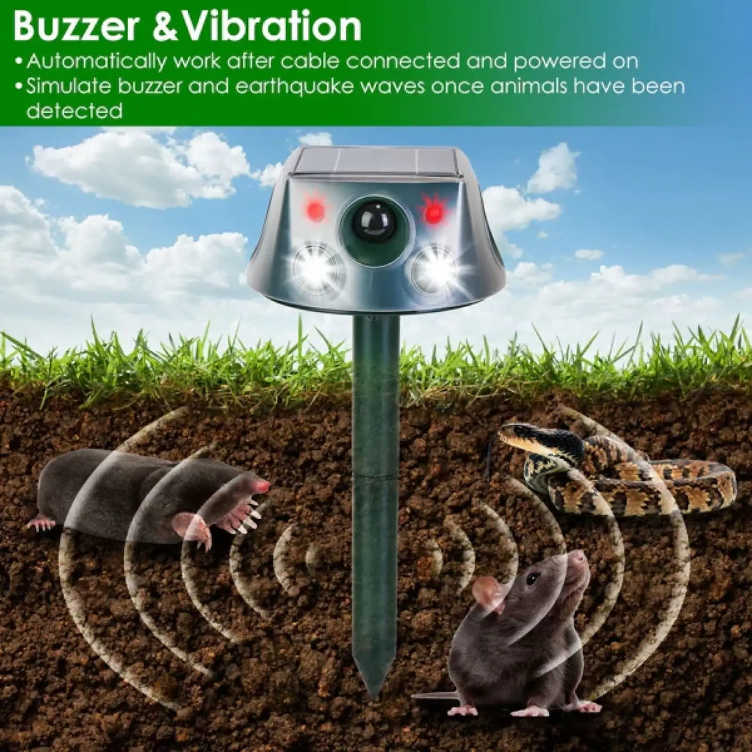 Solar ultrasonic repeller stake with red light indicators for buzzer and vibration