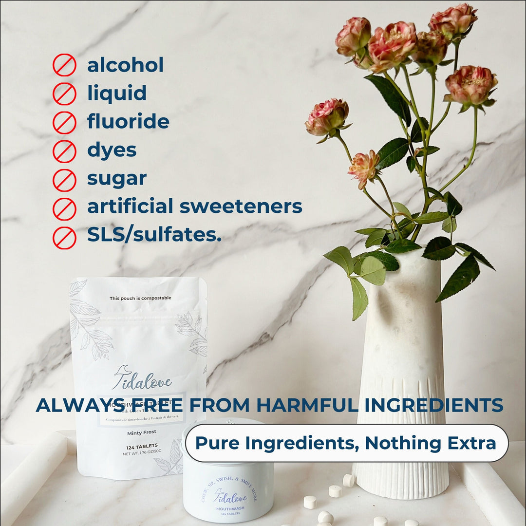 Refill pouch and small jar with loose tablets beside flowers and ingredient icons