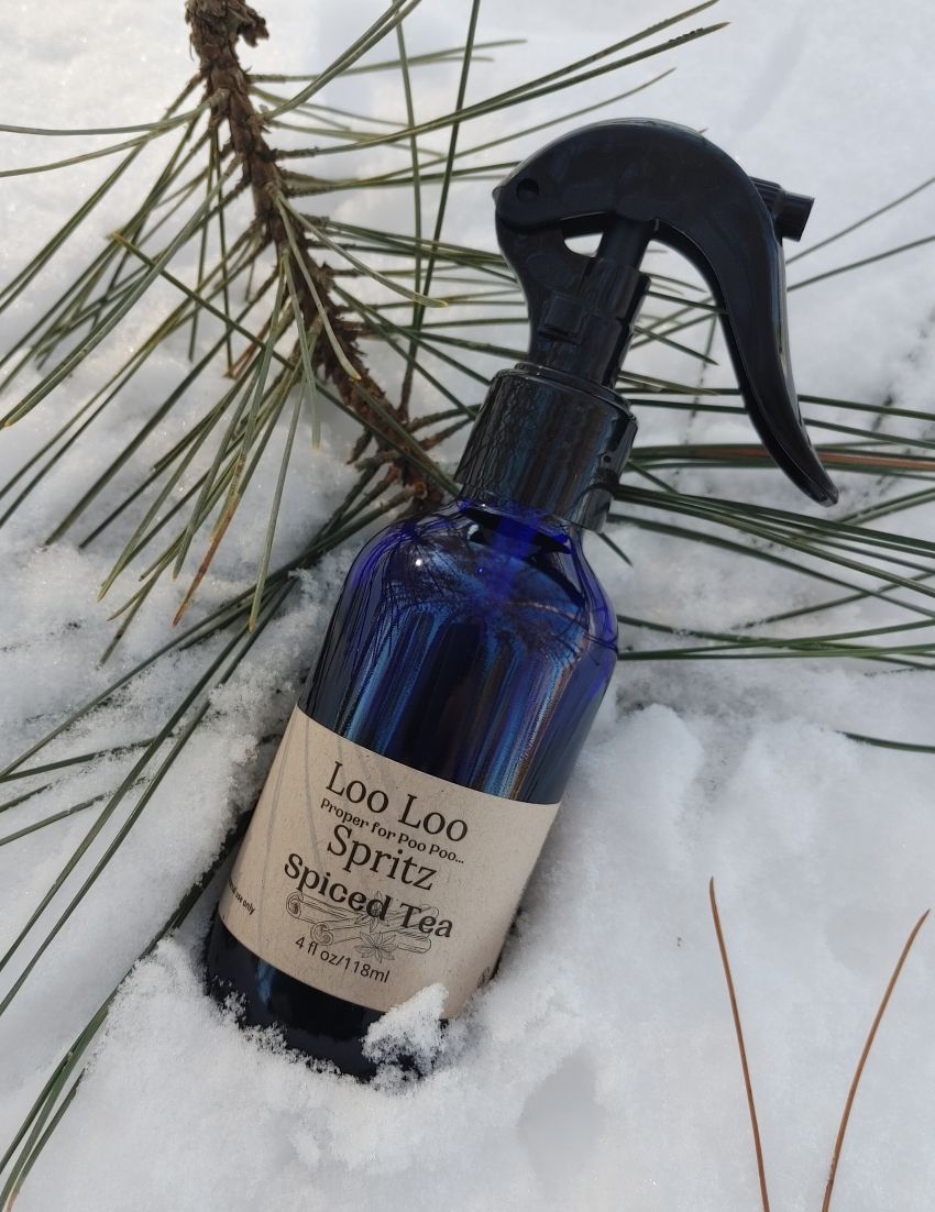 Deodorizing spray bottle, blue glass with black trigger sprayer, Spiced Tea scent