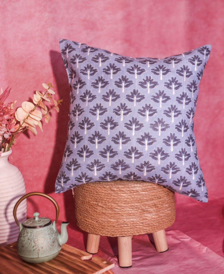 Steel blue throw pillow cover with repeating dark coral cactus print, square style