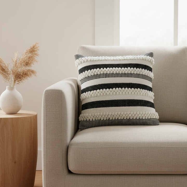Square Outdoor and Indoor Safe Black and White Striped Pillow