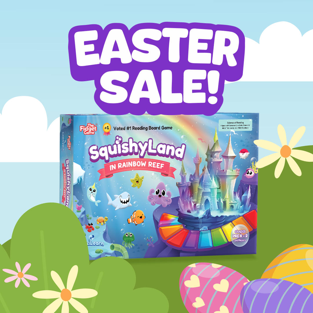 Squishyland In Rainbow Reef reading board game box for Easter sale promotion.