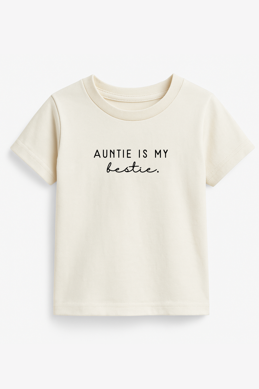 Organic kids T-shirt, off-white, crew neck; “Auntie is my bestie.” printed front