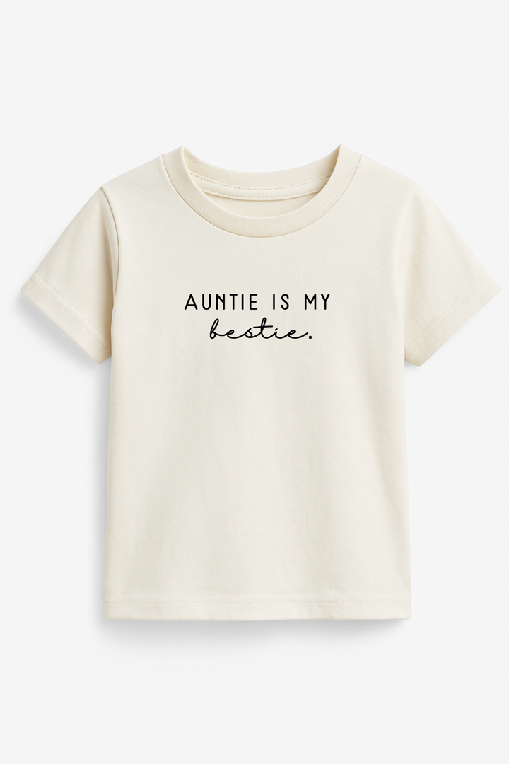 Organic kids T-shirt, off-white, crew neck; “Auntie is my bestie.” printed front