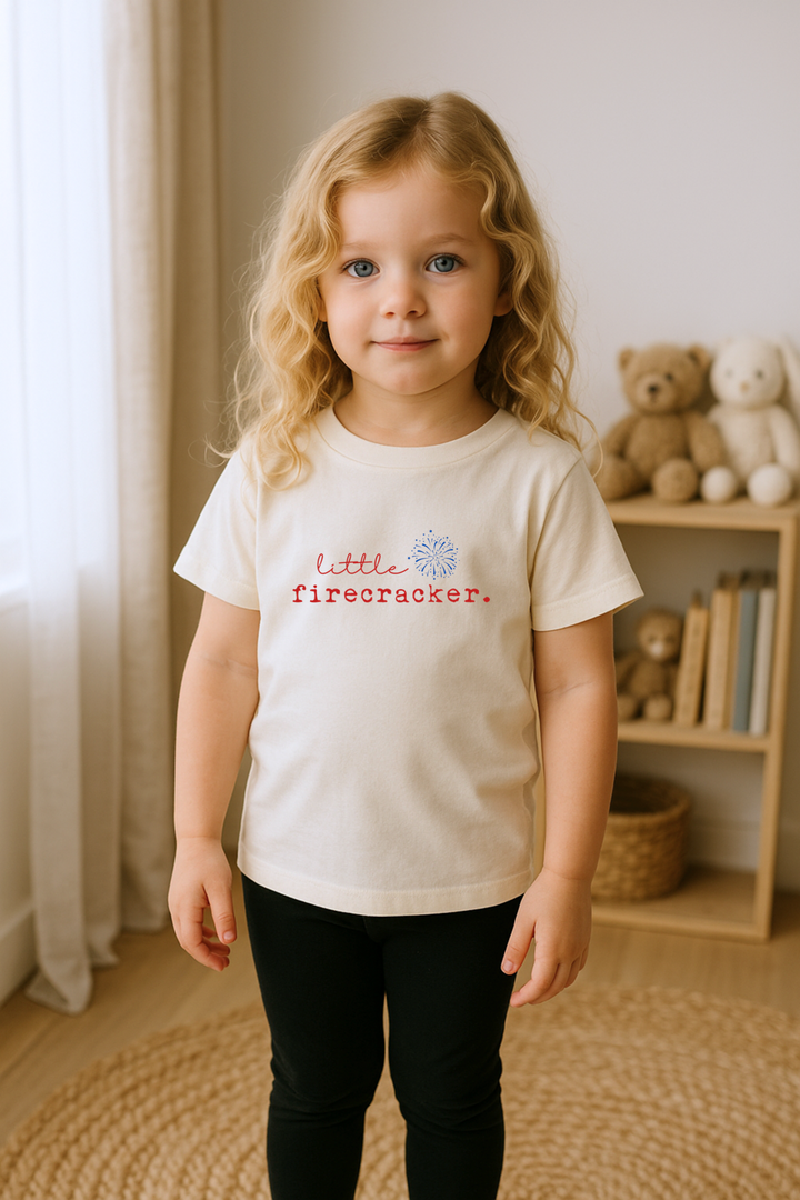 Kids organic off-white T-shirt on child, red firecracker and blue burst front graphic