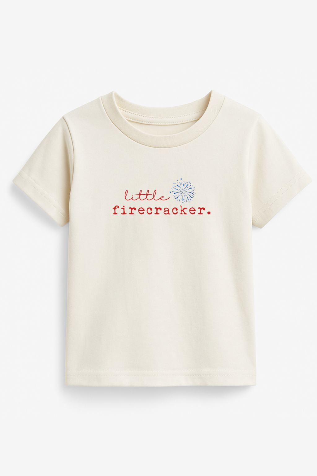 Kids organic T-shirt in off-white with red firecracker and blue burst graphic