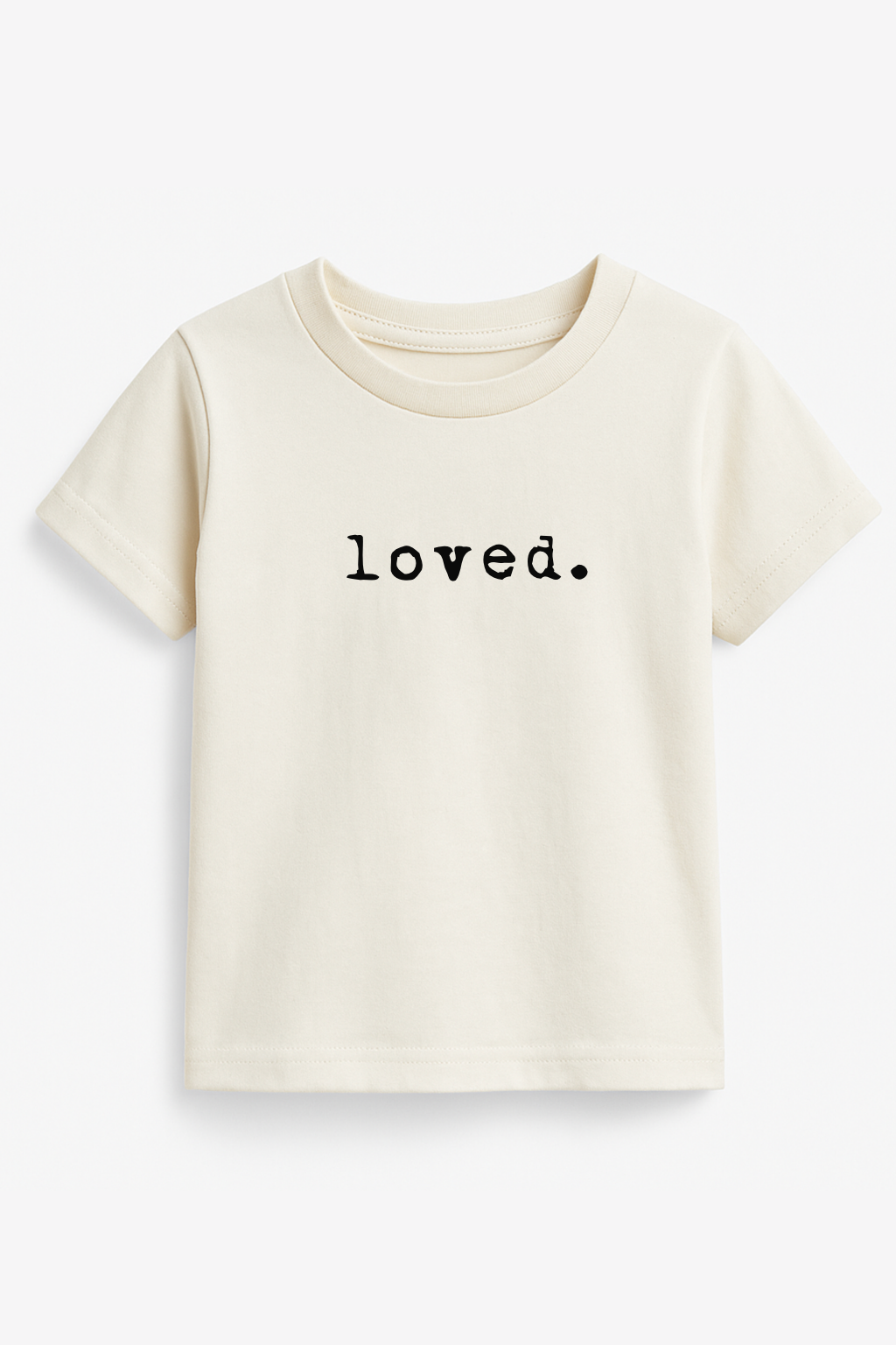 Cream kids organic T-shirt with “loved.” text print at center chest