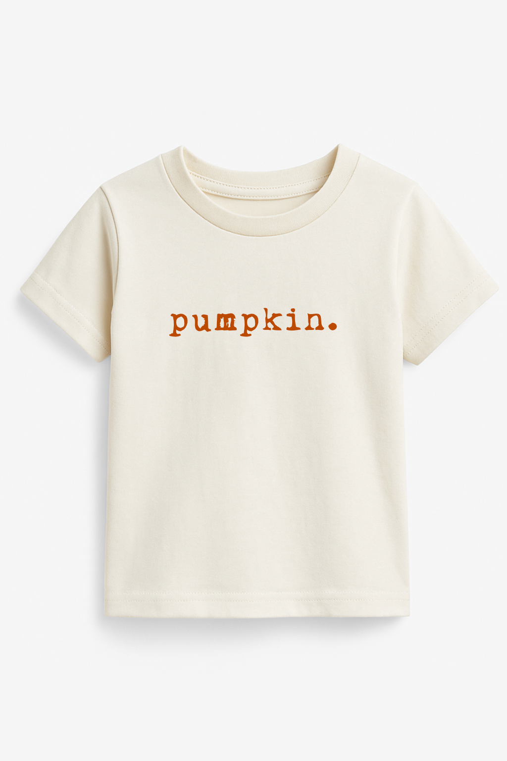 Kids organic t-shirt in cream with orange 'pumpkin.' chest graphic