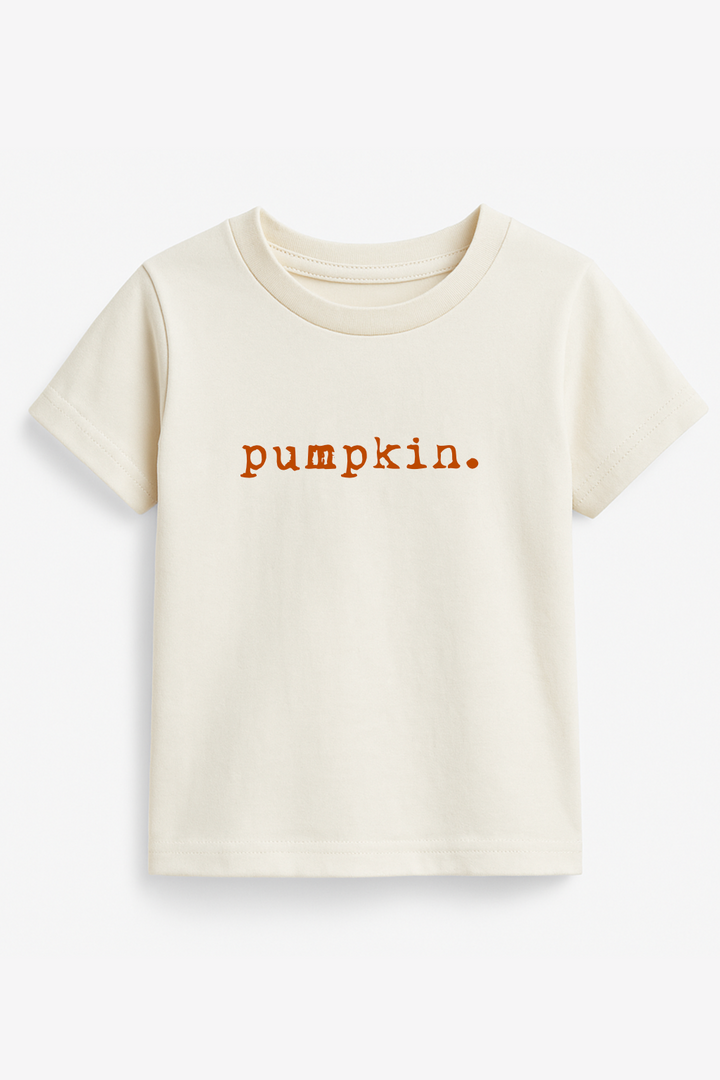 Kids organic t-shirt in cream with orange 'pumpkin.' chest graphic
